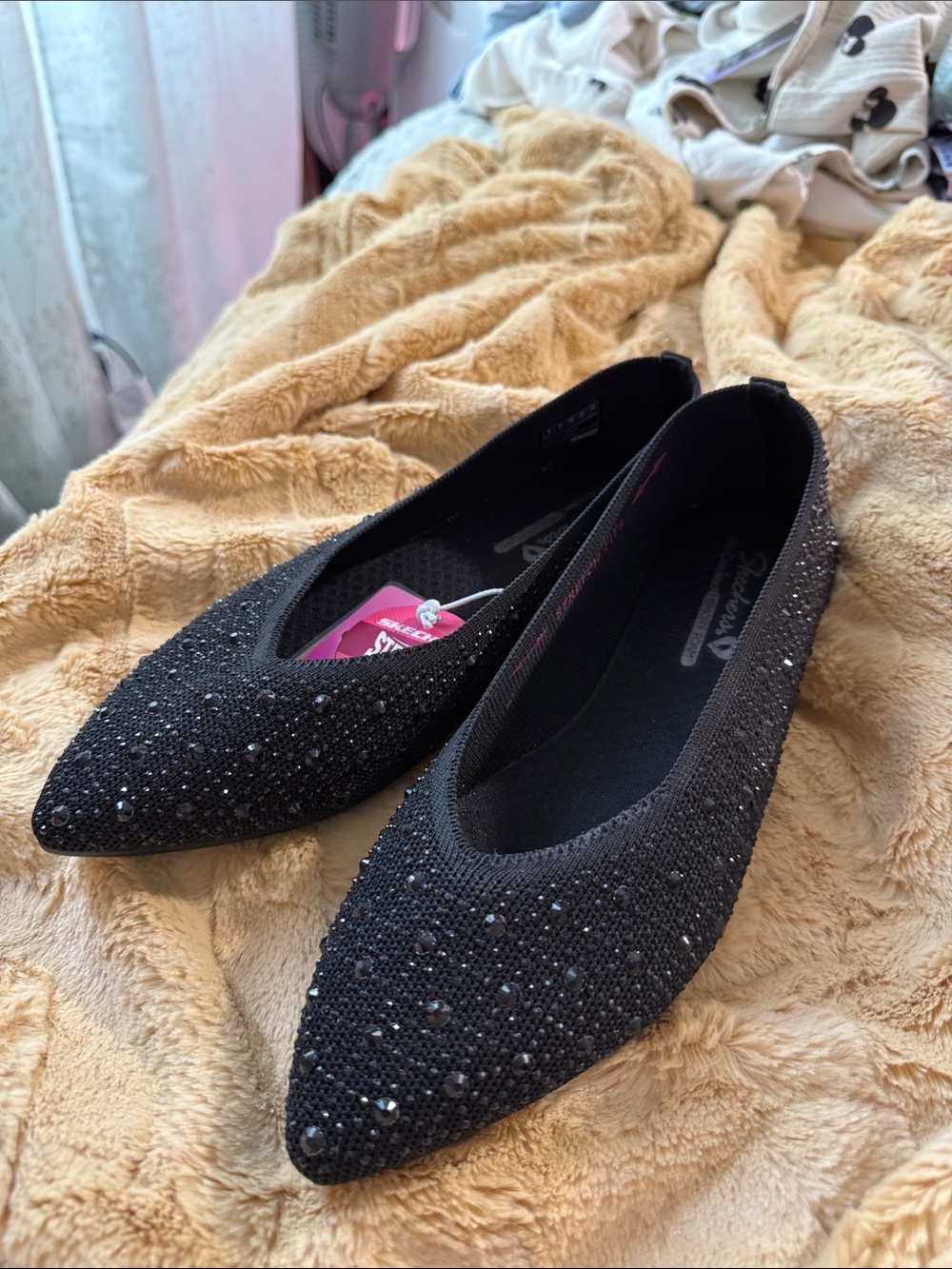 Skechers Black Embellished Stretch Knit Pointed Flats